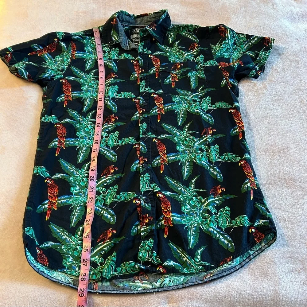Broken Threads black and green tropical print short sleeve button down shirt M
